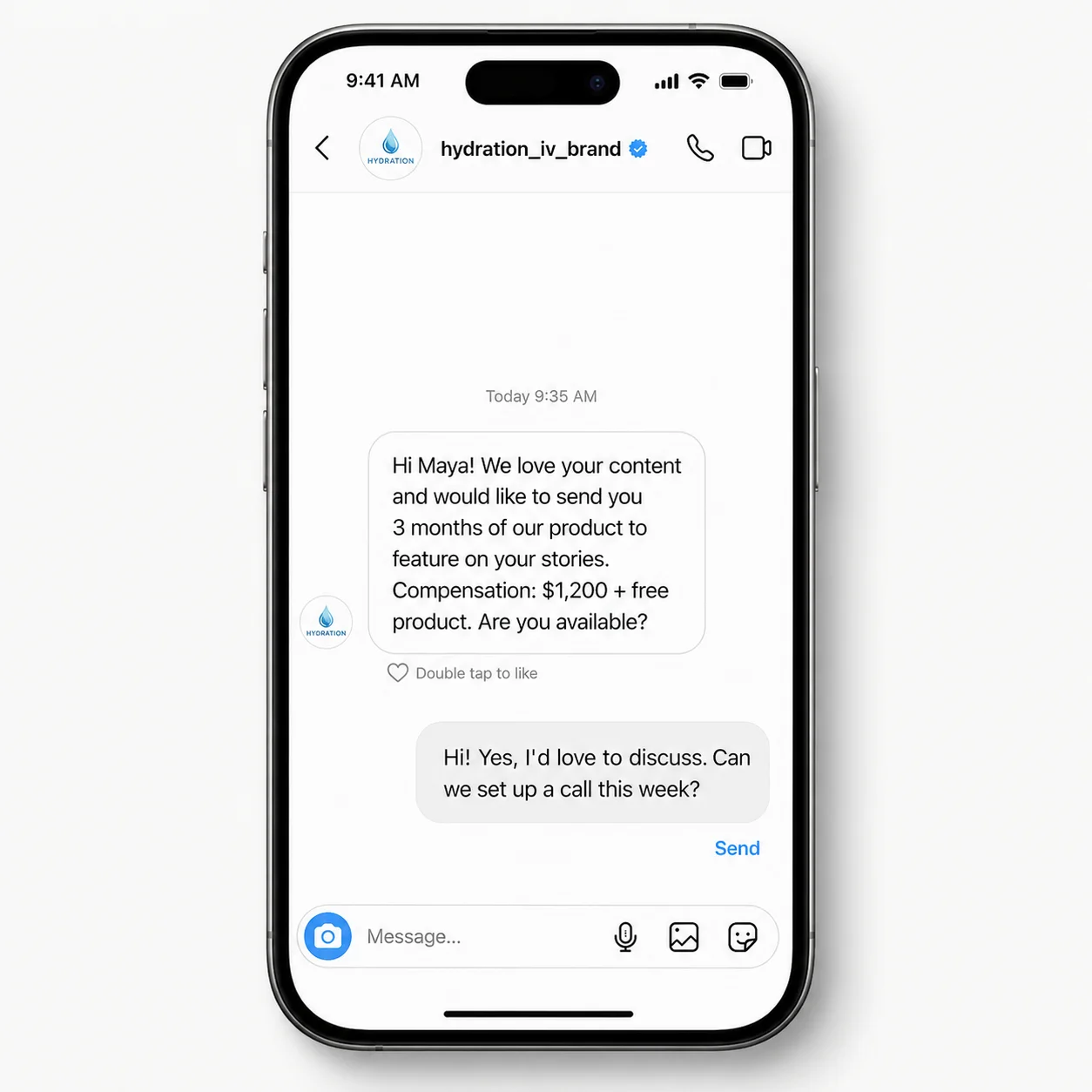 Instagram DM showing a brand sponsorship offer